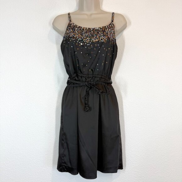 Sequin Embellished Black Cocktail Dress Y2K Spaghetti Strap Belted Mini Medium - Picture 9 of 9